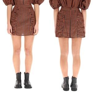 GANNI High Waisted Seersucker Orange Black Check Mini Skirt (Sz XL)